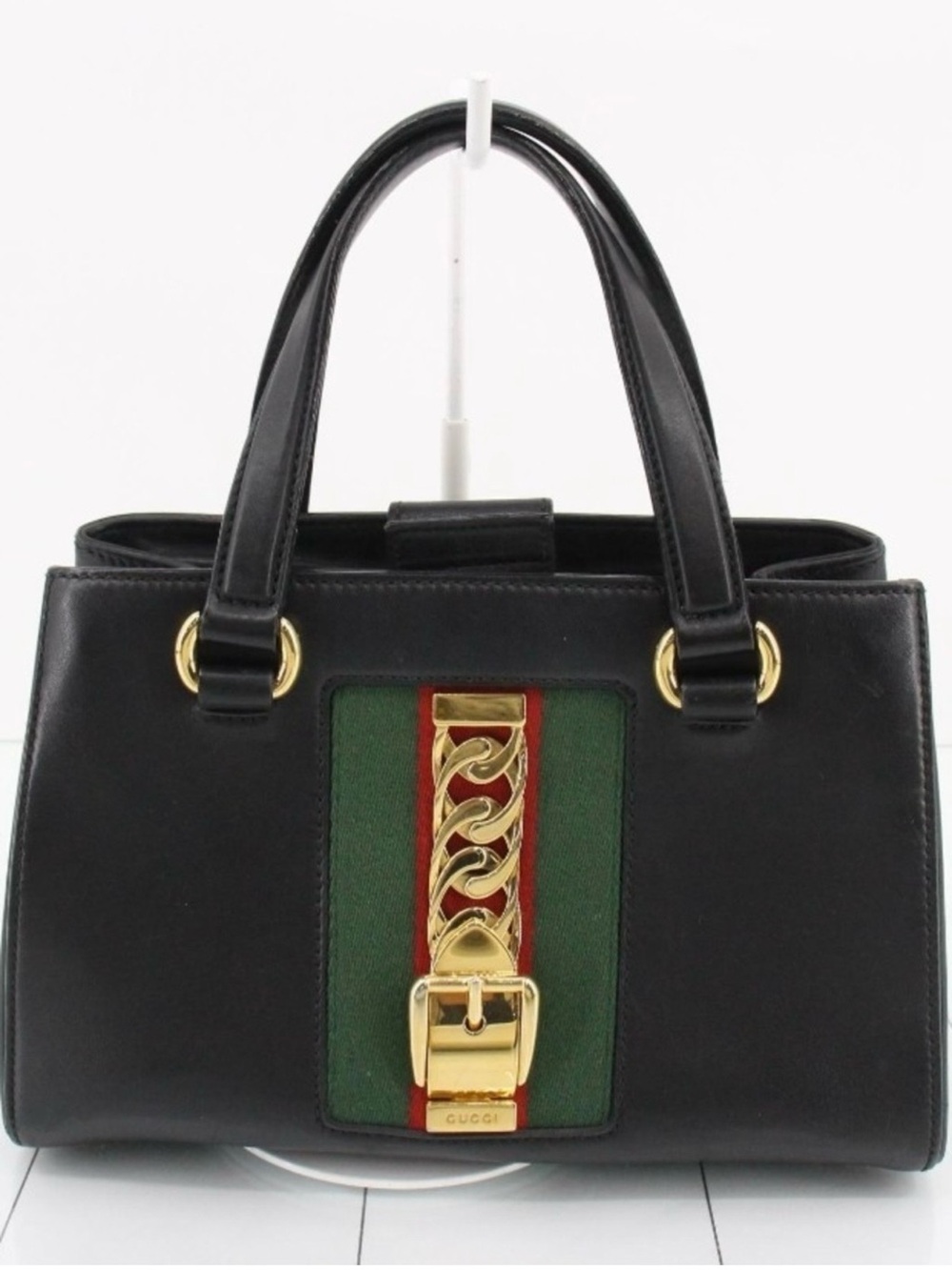 Gucci Sylvie Black Leather Top-Handle Bag with Green & Red Accent